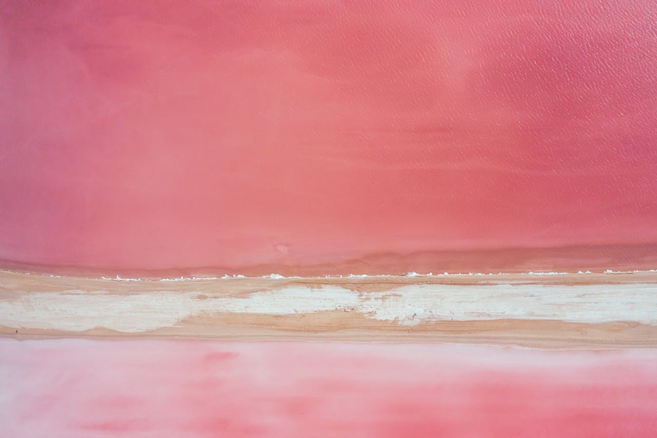 Aerial photograph of a striking pink salt lake landscape in Yucatán, Mexico.